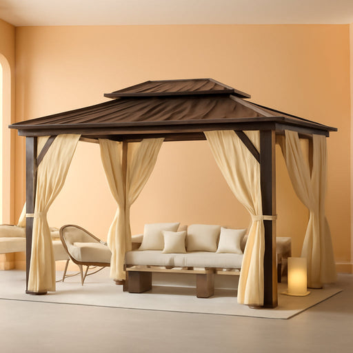 10X12 Hardtop Gazebo on Clearance with Heavy Duty Galvanized Steel,Outdoor Patio Gazebo with Aluminum Frame & Curtains and Netting, Permanent Pavillon for Backyard, Brown (2026 Upgraded)