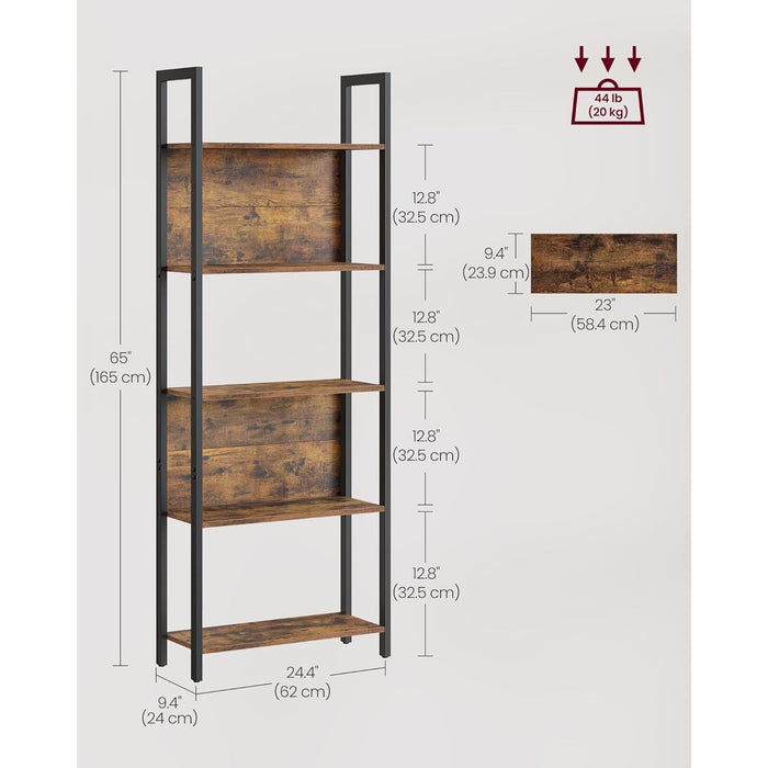 5-Tier Bookshelf, Book Shelf, Industrial Bookcase, with Steel Frame, for Living Room, Home Office, Bedroom, 9.4 X 24.4 X 65 Inches, Rustic Brown and Black ULLS025B01