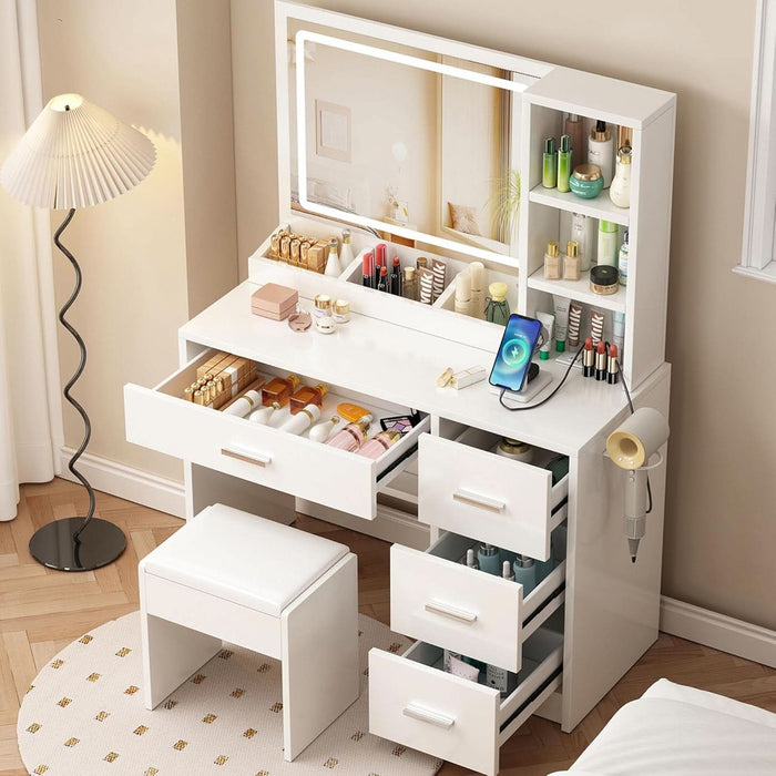 Vanity Desk with Mirror and Lights, 4 Drawers & Benches Vanity Desk Set, 3 Color Lighting Modes Adjustable Brightness Vanity for Bedroom Makeup Table