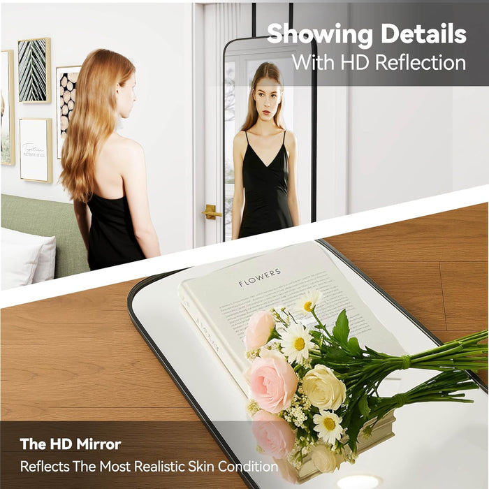 57X20 Door Hanging Full Length Mirror, Floor (Height 5.7Ft Just Body in 1.3Ft) or Wall Mounted Metal Frame Rectangle Dressing Mirrors for Bedroom Bathroom Living Room 57 Inch Black