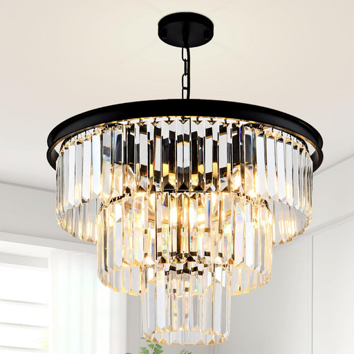8 Light Modern Crystal Chandelier 20'' Black Chandeliers for Dining Room Contemporary Pendant Light Fixture round 3-Tier Adjustable Height E12 for Living Room, Foyer, Entryway, Bedroom