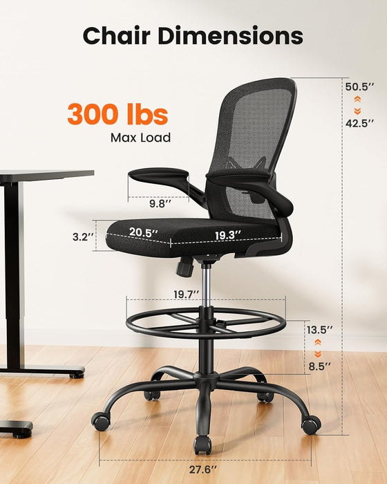 Drafting Chair with Footrest Ring and Flip-Up Arms for Tall Desks