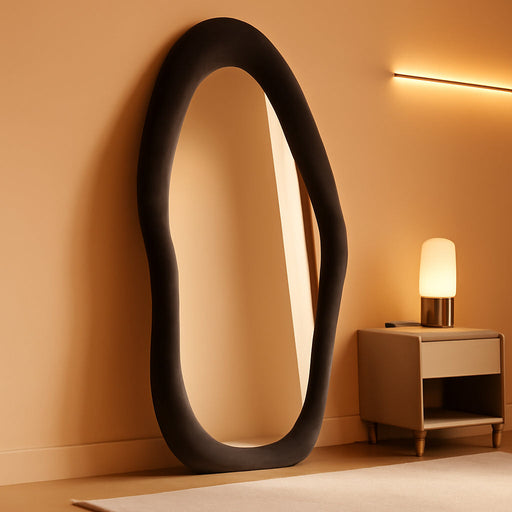 Full Length Mirror, 63" X 24" Wall Mirror, Flannel Wrapped Wooden Frame Floor Mirror, Irregular Wavy Mirror Hanging or Leaning against Wall for Cloakroom/Bedroom/Living Room, Black