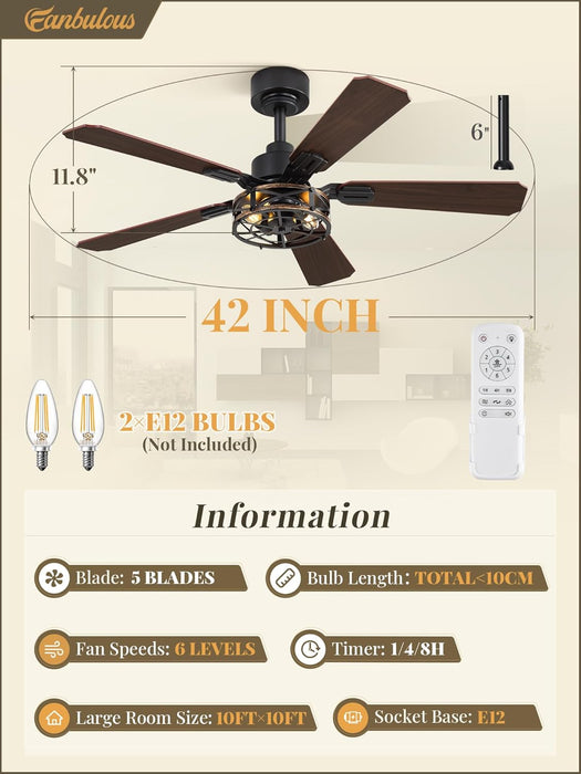 2 Pack 42 Inch Rustic Caged Ceiling Fan with Lights, Black Farmhouse Ceiling Fans for Bedroom Living Room, Double-Sided 5 Blades Rustic Ceiling Fan