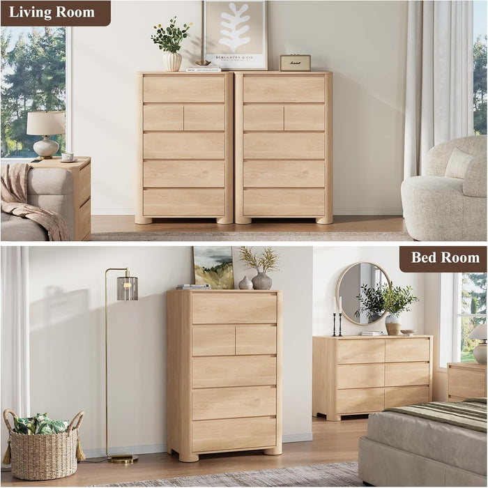Dresser for Bedroom with 6 Drawers, 48" Tall Modern Chest of Drawers with Unique Thickened Foot, Rounded Corner Design, Wooden Dresser Organizer for Bedroom, Living Room, Hallway, Natural Oak