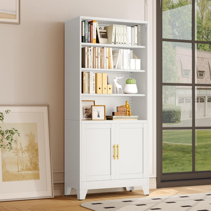 71" H Tall Metal Bookcases and Bookshelves with 2 Doors and Adjustable Shelves, White Tall Storage Cabinet Industrial Bookshelf 6-Tier Open Display Shelf，Decor Furniture for Living Room