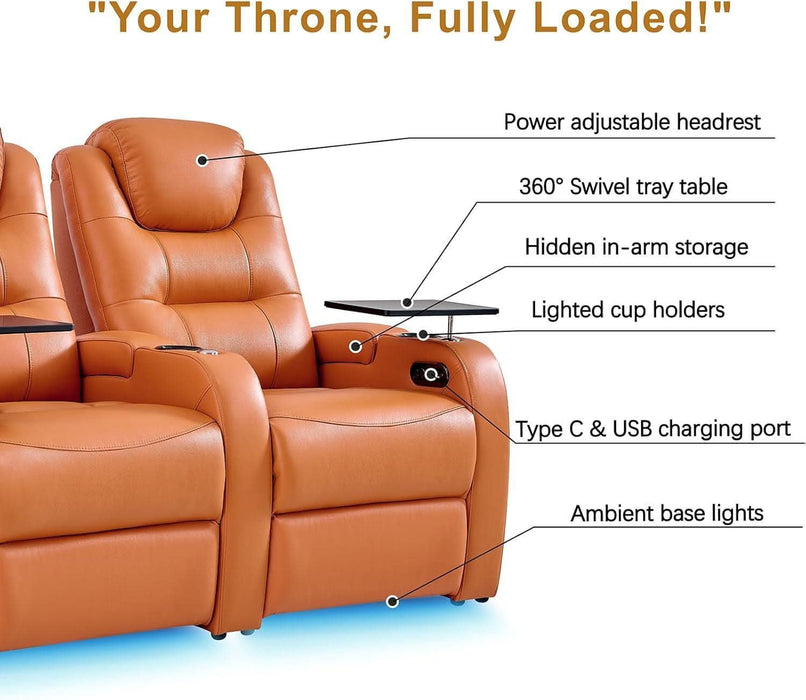 Leather Home Theater Seating, Simple Style Top Grain Leather Game Seats Movie Theater Chairs Recliner Sofa with Type-C USB Charger (Orange, Row of 3)