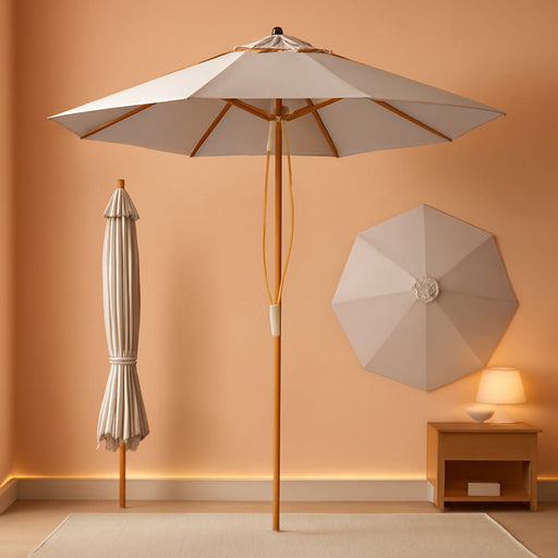 9FT/10FT Bamboo Patio Umbrella, Large Outdoor Umbrella with UPF 50+ Sun Protection, Rope Pulley Lift & Push-Button Tilt, 8-Rib Ventilated Canopy for Garden, Deck, Backyard & Outdoor Dining