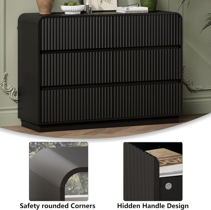 Black Dresser Fluted 6 Drawers Dresser for Bedroom, 47" Wide Wood Chest of Drawers with Hidden Handles & Rounded Corners, Modern TV Stand Storage Cabinet for Living Room, Hallway, Entryway