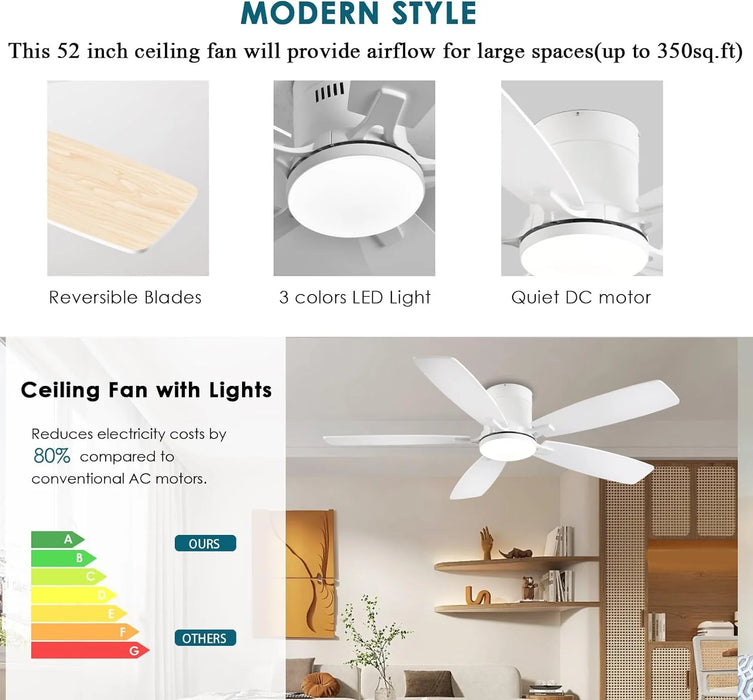 Ceiling Fans with Lights, 52 Inch Low Profile Ceiling Fan with Light and Remote Control, Flush Mount, Reversible Motor, Dimmable, Noiseless, White Ceiling Fan for Bedroom, Indoor/Outdoor Use