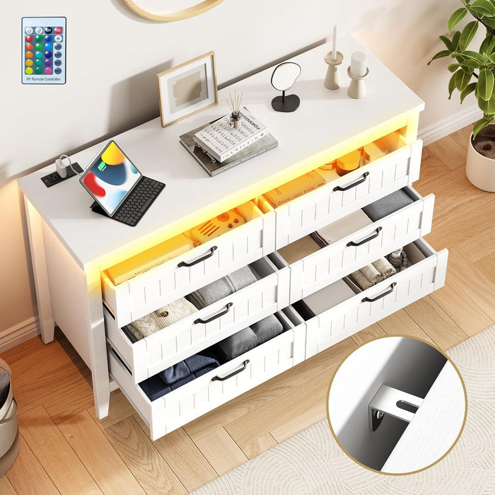 Farmhouse 6 Drawer Dresser with Charging Station & LED Lights, Slim Wooden Bedroom Dresser, Rustic Chest of Drawers Clothes Storage Organizer for Closet Dorm Apartments, White