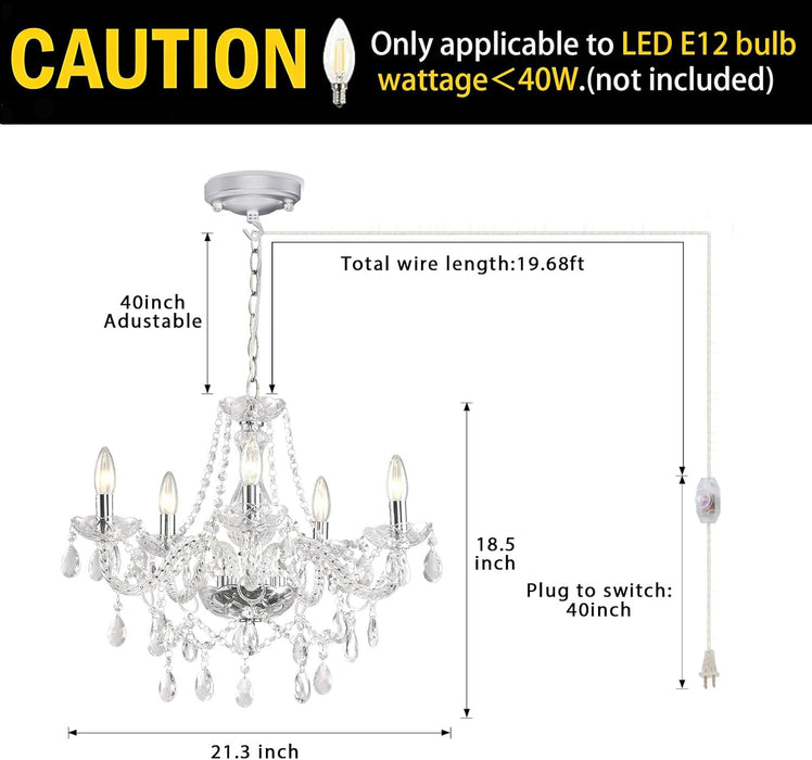 Dimmable Plug-In 5 Light Crystal Chandelier with Cord Glass, Chrome Candle Style Hanging Swag Lighting, K9 Crystals Beads Modern Pendant Light Fixtures Ceiling for Dining Living Room Bedroom