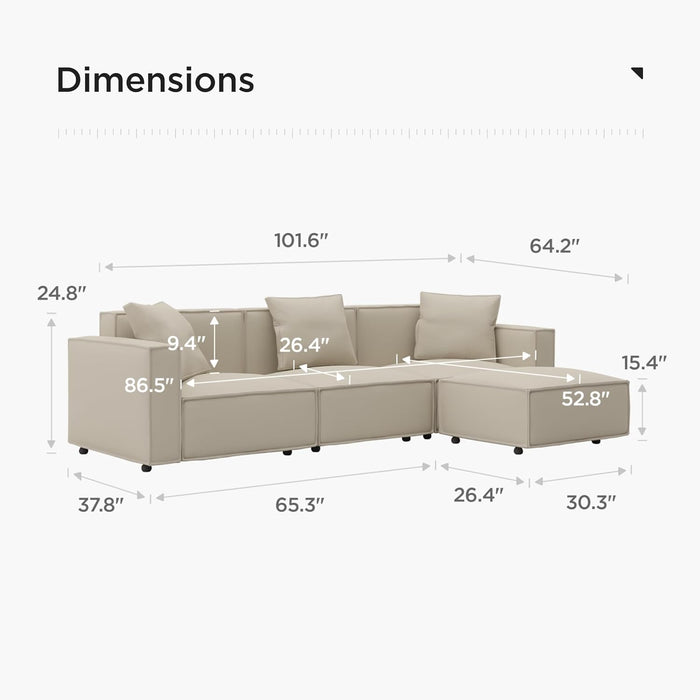 Luxury Modular Sectional Living Room Sofa Set, Modern Minimalist Style Couch with Ottoman and Chaise, L-Shape, Cream