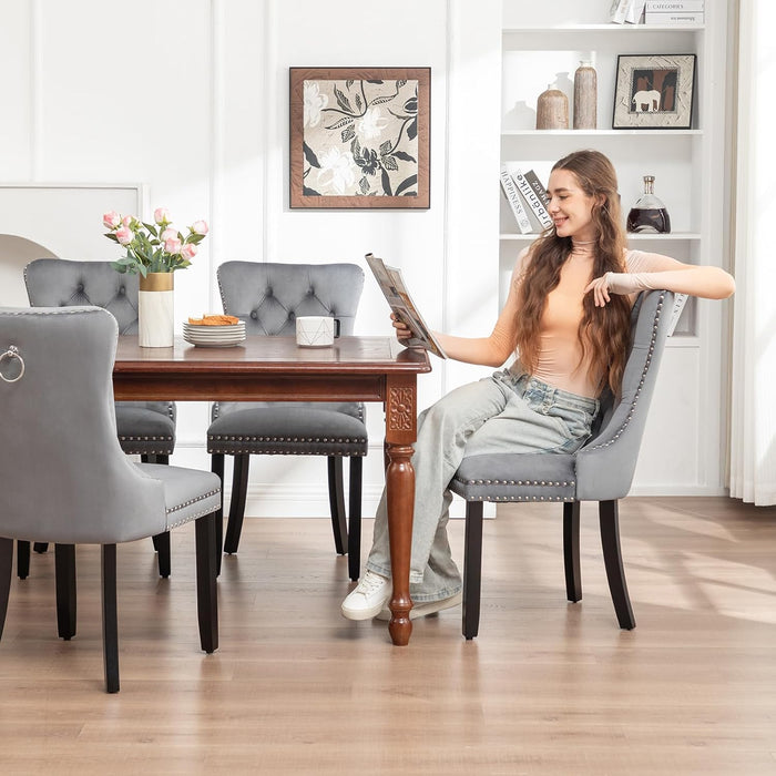 Velvet Dining Chairs Set of 4,Upholstered Dining Chairs with Ring Pull Trim and Button Back,Modern Seating for Kitchen, Bedroom & Living Room(Grey)