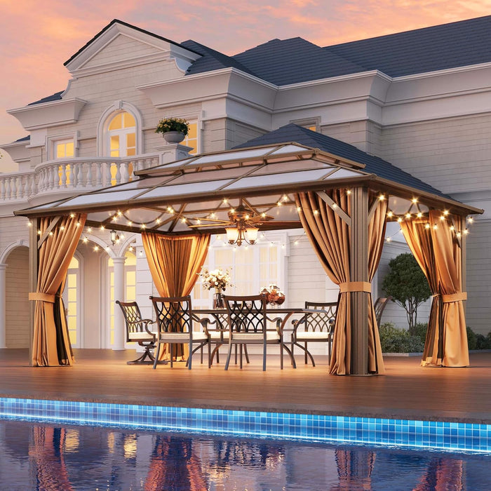 12'X16' Hardtop Gazebo, Outdoor Metal Gazebo with Double Polycarbonate Roof Canopy, Permanent Pavilion with Netting and Curtains for Lawn, Garden, Patio (Brown)