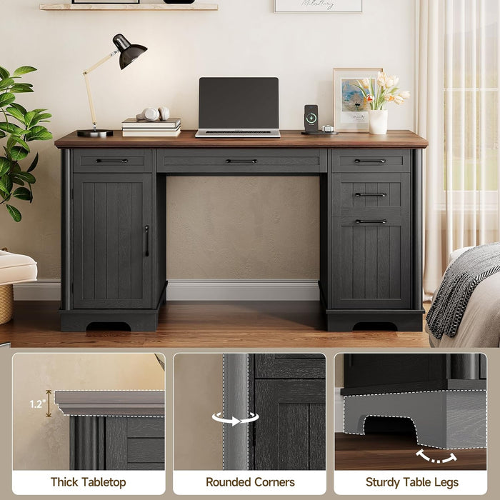 56" Large Executive Desk with Drawers,Modern Farmhouse Home Office Desk with Charging Station, Wood Computer Writing Desk with File Drawer for Study Work Bedroom Living Room Black