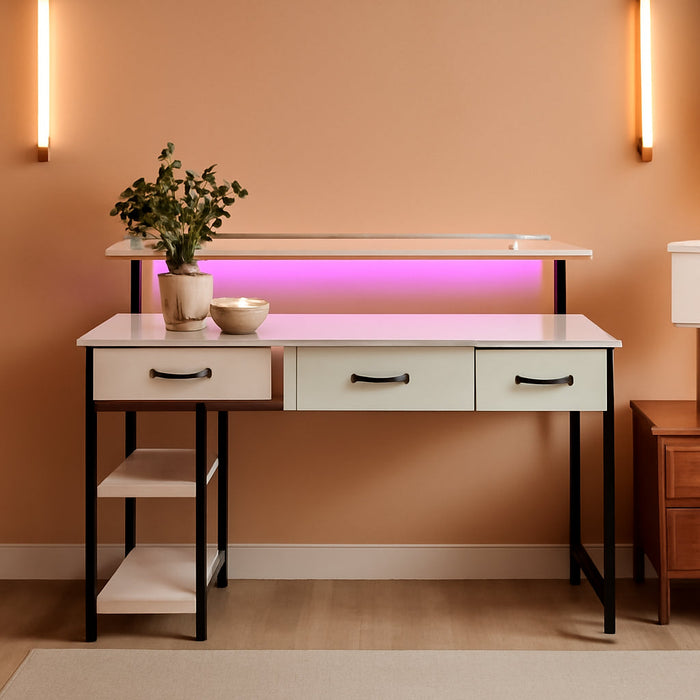 Computer Desk with Power Outlets & LED Light, 47 Inch Home Office Desk with Drawers and Storage Shelves, Writing Desk with Monitor Stand, Modern Work Study Desk for Home Office, White