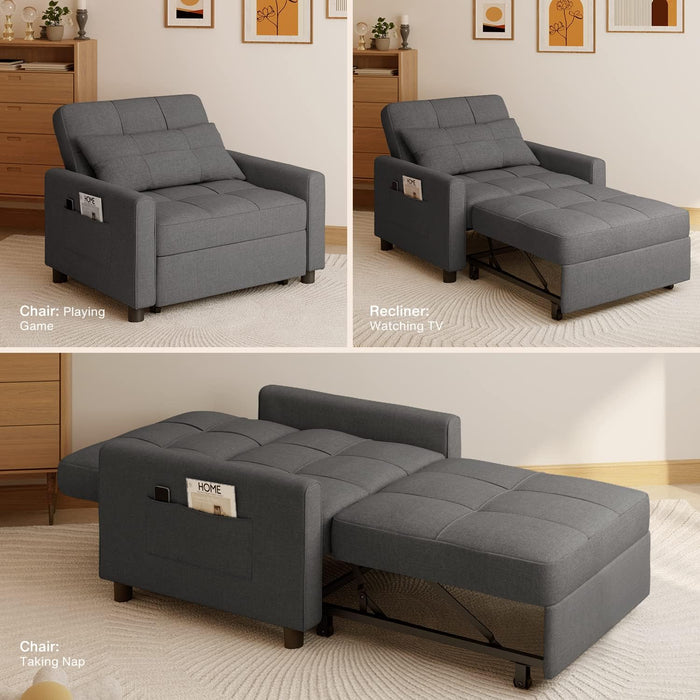 Dark Gray Sleeper Chair Bed ThreeInOneConvertible ModernLinenFabricSofa