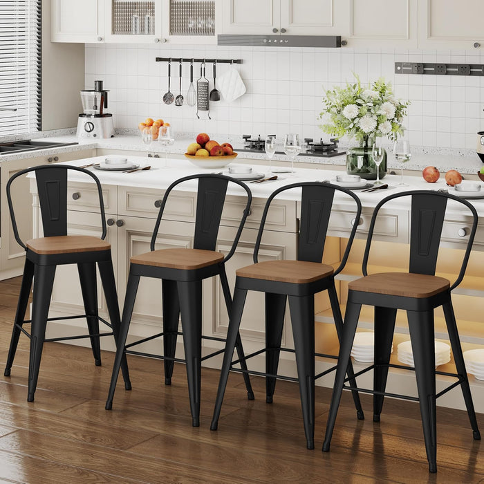 24 Inch Bar Stools Set of 4, Industrial Counter Height Barstools High Back Metal Bar Stools with Large Wood Seat Bar Chairs for Kitchen Island (24 Inch, Black)