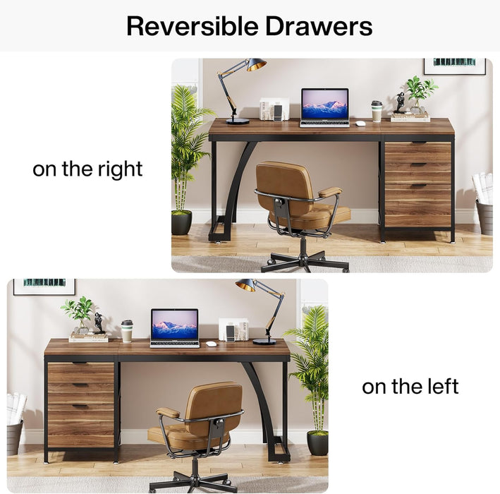 Computer Desk with 3 Drawers, 59-Inch PC Desk with Reversible Drawers, Industrial Study Writing Table Workstation with File Storage for Home Office, Walnut