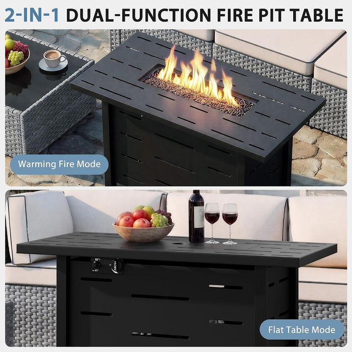 8 Piece Outdoor Patio Furniture Set with 43 Inch Propane Fire Pit, Washable Cushions, Glass Coffee Table, Waterproof Cover & CSA Certified for Backyard Poolside, Silver PE Rattan/Khaki