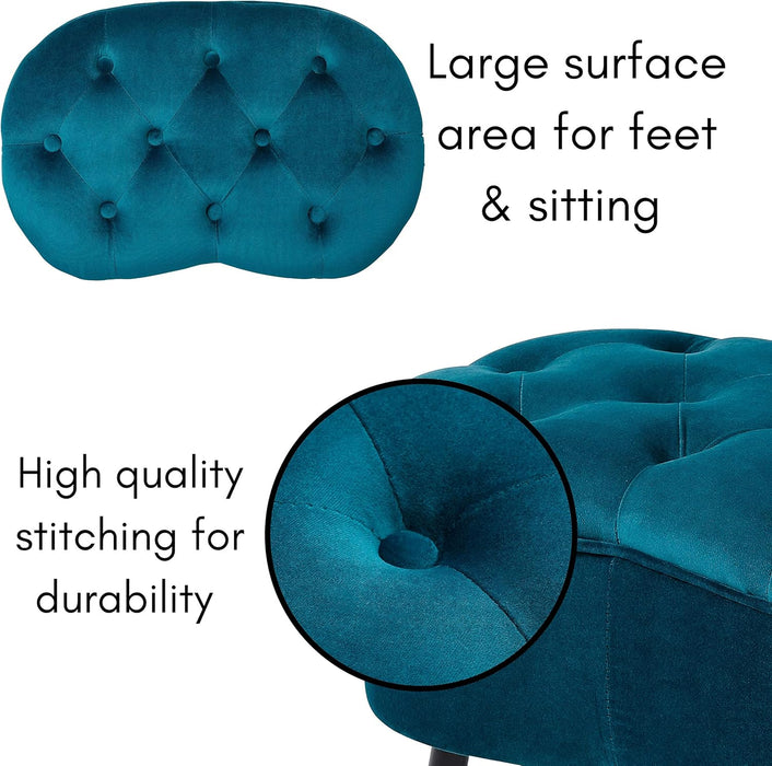 Tufted Oblong Velvet Ottoman - Mid Century Modern Design Furniture with Steel Legs - Soft, Compact, Padded Foot Stool for Living Room, Office and Bedroom- Teal Velvet, 22.5X15 Inches
