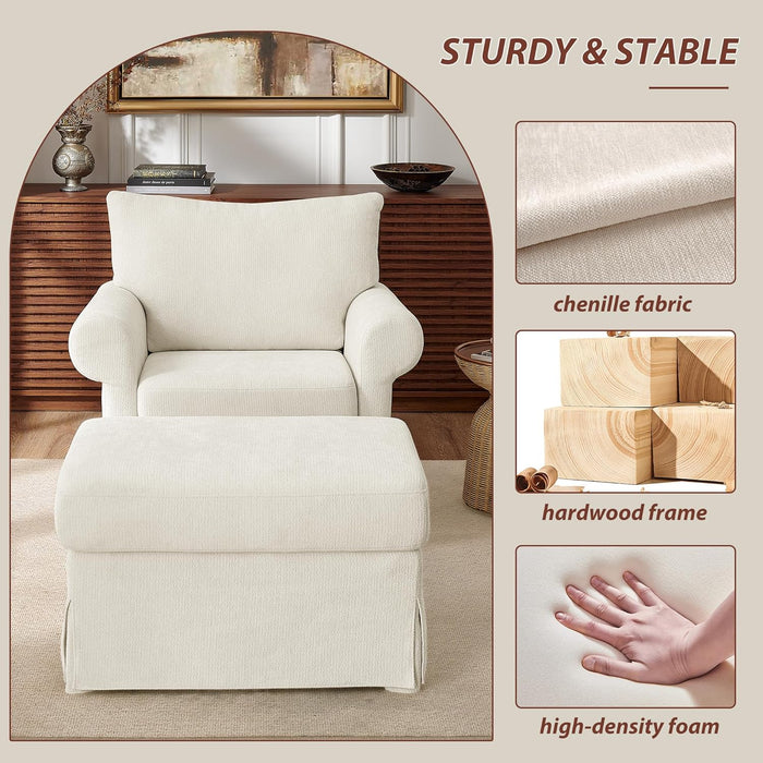 Modern Accent Chairs with Ottoman Set, Comfy Chenille Reading Armchair with Rolled Arms and Cushion Backrest, 35.8" W Single Living Room Chairs for Bedroom, Study, Apartment, Beige