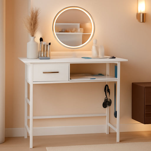 Makeup Desk with Charging Station, Small Vanity Table with Drawer & Metal Hook for Bedroom, Dorm Room, Writing Desk No Mirror, Compact Storage Organizer, White.