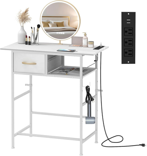 Makeup Desk with Charging Station, Small Vanity Table with Drawer & Metal Hook for Bedroom, Dorm Room, Writing Desk No Mirror, Compact Storage Organizer, White.