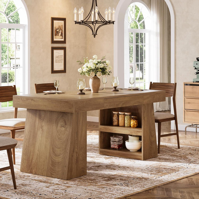Dining Table for 4-6 People, 55-Inch Wooden Kitchen Table for Dinner with Storage Drawer and Shelves, Farmhouse Rectangle Furniture for Dining Room, Kitchen, Home, Brown