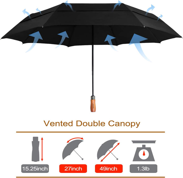 Large Folding Golf Umbrella - Compact Mens Umbrellas Travel Rain and Windproof 54Inch Collapsible Automatic Open Close Umbrella 210T Teflon Vented Double Canopy