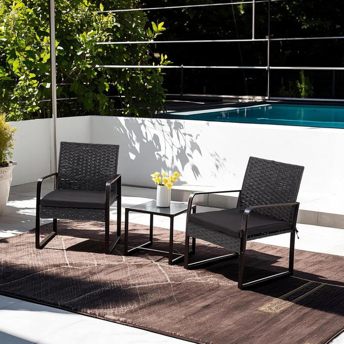 3 Piece Outdoor Patio Furniture Set, Patio Bistro Set Wicker Conversation Set, Modern Rattan Chair with Glass Coffee Table for Backyard, Porches, Poolside, Lawn and Balcony