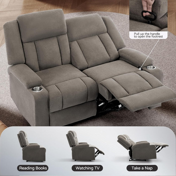 Recliner Loveseat Sofa with Cup Holders, 2-Seater Fabric Reclining Couch, Manual Recliner Wall Hugger for Living Room, Small Spaces, Home Theater (Light Brown)