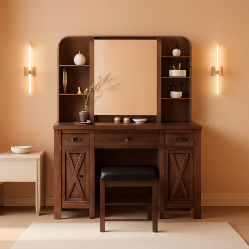 Makeup Vanity Desk, Vanity Mirror with Lights Desk and Chair,Makeup Table with 3 Large Drawers and 2 Cabinets, Time and Temperature Display, 3 LED Lighting Modes Adjustable, Brown