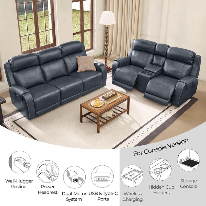 Genuine Leather Power Recliner Sofa, Wall Hugger Reclining Sofa with Power Headrest, Dual Motor, USB Charging Ports, Recliner Couch for Living Room, RV, Leather in Navy