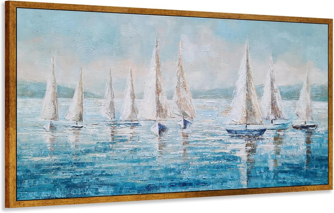 Sailing Ship Canvas Wall Art - Coastal Painting Boat Pictures Abstract Beach Ocean Artwork with Floating Framed Hand Painted Textured for Living Room Bedroom Bathroom Decor