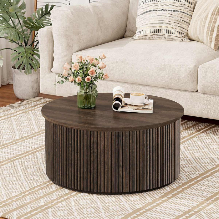 round Coffee Table, Fluted Woodern Center Table with Storage, Mid-Century Modern Cocktail Tables for Small Space, Living Room, Bedroom (31.5 Inch, Dark Walnut)