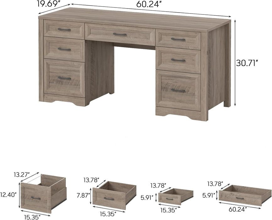 Farmhouse Executive Desk with File Drawer, Home Office Desk with Ample Storage, Rustic Office Desk with Spacious Tabletop for Work, Grey