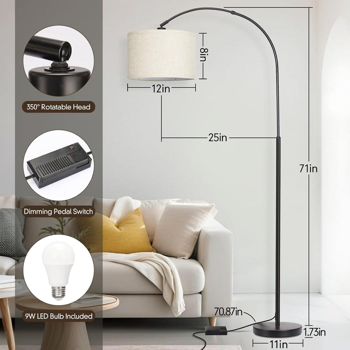 Dimmable Floor Lamp, Arc Floor Lamp with Dimmer, Black Standing Lamp with Adjustable Hanging Shade, over Couch Tall Reading Light, Modern Pole Lamp for Living Room Bedroom, 9W LED Bulb Included