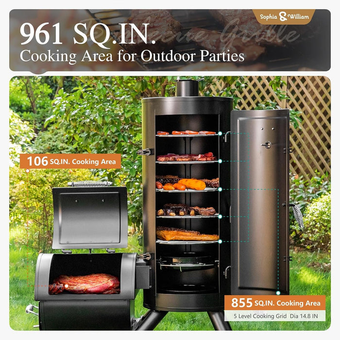 Heavy-Duty Vertical Offset Charcoal Smoker Extra Large Outdoor BBQ Gill with Offset Smoker, 961 SQ.IN. Cooking Area with Warming Tray,Push-Out Ash Tray for Event Gathering, Black