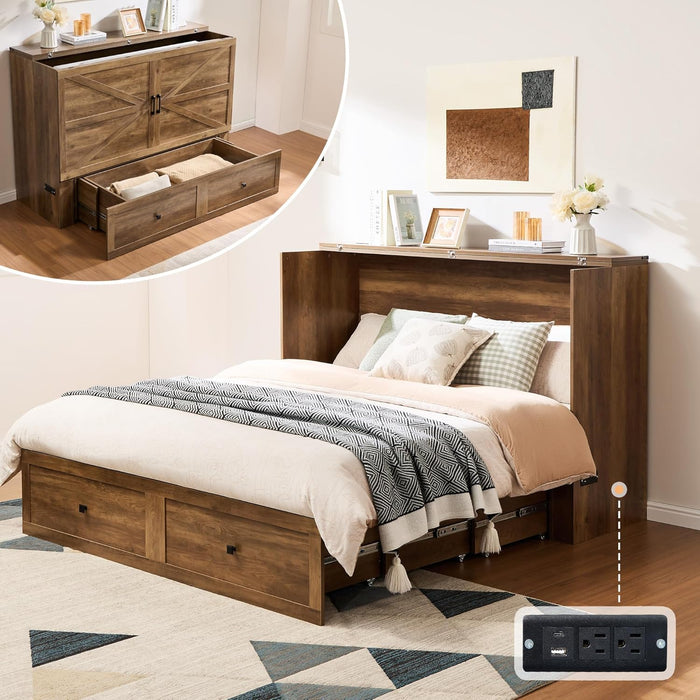 Full Murphy Bed Cabinet with Charging Station and Storage, Farmhouse Foldable Platform Bed for Guest Room, Office, Small Spaces, Barnwood