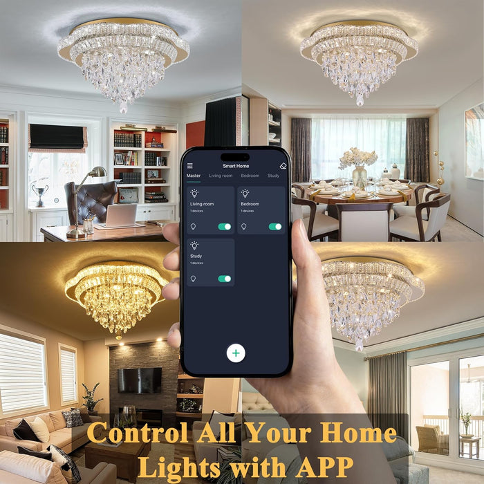 24Inch Gold LuxCrystalLED Remote Flush Mount Light