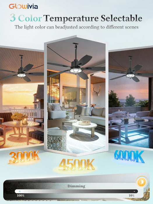 52" Outdoor Ceiling Fan with Lights, IP65 Waterproof Gazebo Fan with 3CCT Remote Control 6-Speeds Reversible DC Motor,Plug in Hanging Ceiling Fan for Patio Porch Pergola(Black)