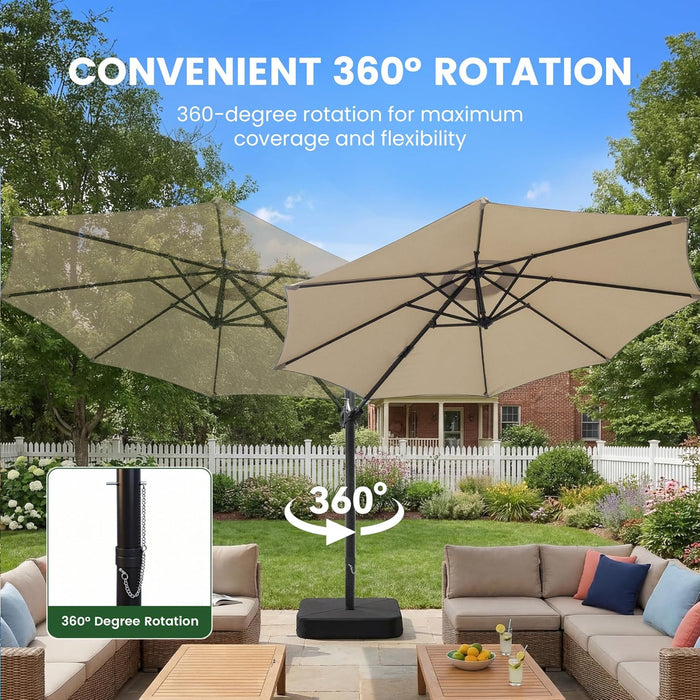 10FT Outdoor Patio Umbrella with Base Included, Heavy-Duty Frame Cantilever Offset Umbrella with 360° Rotation & Infinite Tilt, Uv-Resistant Water-Repellent Shade for Patio, Poolside, Backyard, Beige