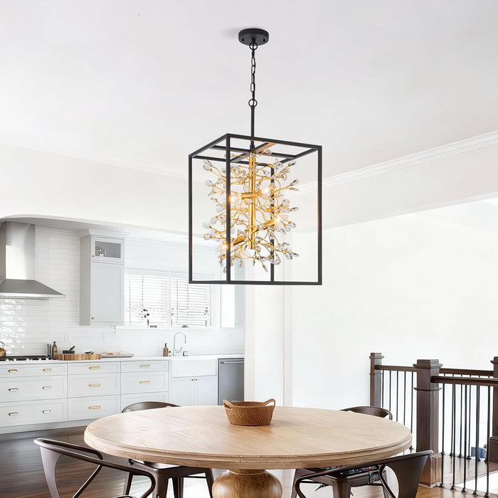 Black and Gold Chandelier, 4-Light Entryway Crystal Chandeliers Foyer Modern Farmhouse Hanging Cage Pendant Light Fixture for Dining Room Kitchen Island Entrance Staircases Hallway, H21 Inch