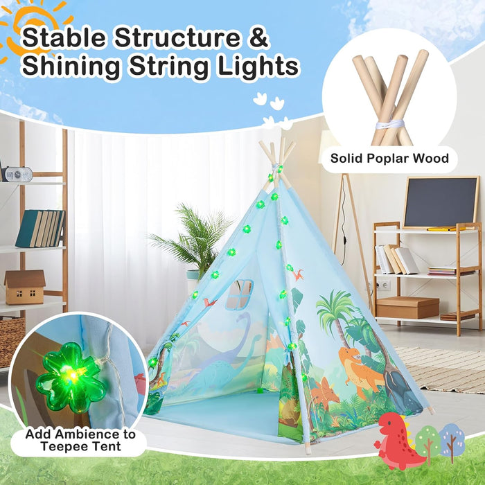 Teepee Tent for Kids, Toddlers Dinosaur Play Tent with LED String Lights, Foldable Children Teepee Tent Toy W/Storage Bag, Indoor Outdoor Pretend Playhouse Gift for Boys Girls Ages 3+