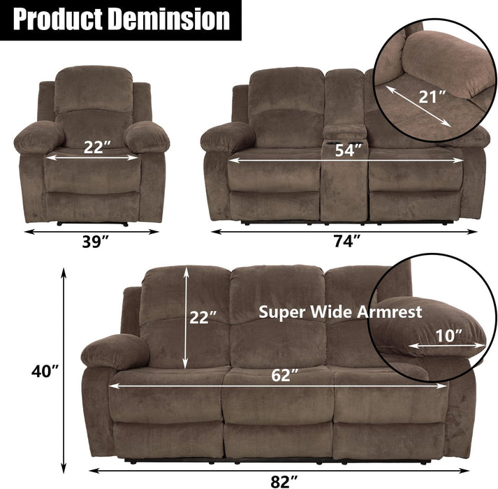 Recliner Sofa Set for Living Room Furniture Set, Reclining Sofa and Loveseat Set for Reclinier Sofa with Drop down Table/Double Recliner Loveseat with Storage Console/Brown Velvet
