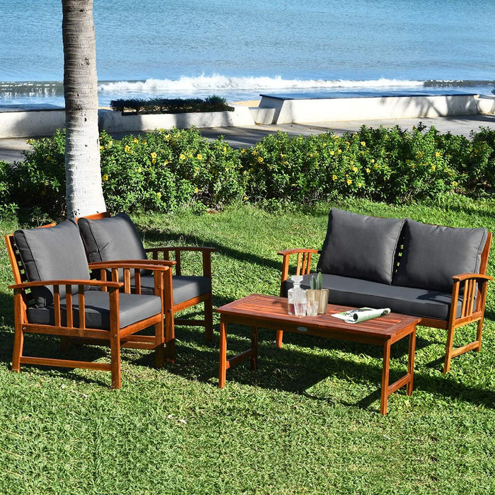 4 Pieces Acacia Wood Patio Furniture Set, Outdoor Seating Chat Set with Gray Cushions & Back Pillow, Conversation Set with Coffee Table, Ideal for Garden, Backyard, Poolside