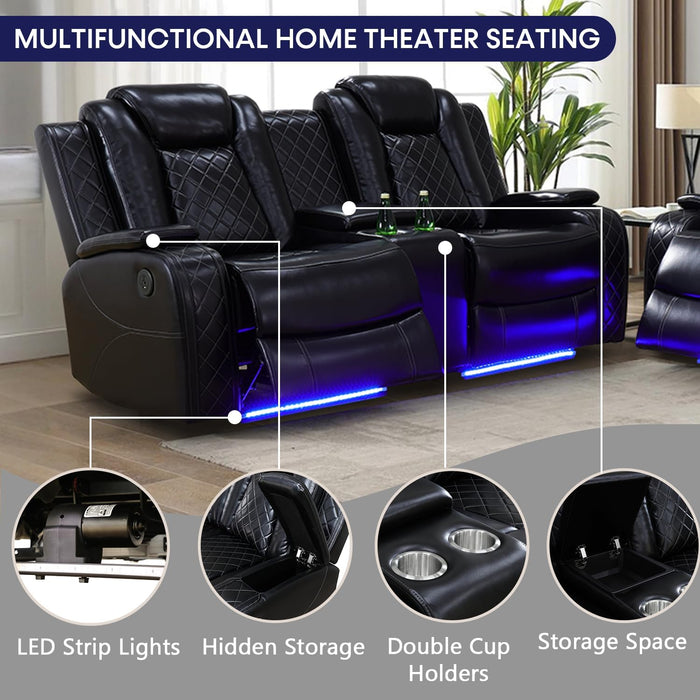 Power Recliner Sofa Set with LED Lights,Leather Reclining Sofa with USB Port/Wireless Charger/Storage Console/Cup Holder,3 Piece Reclining Living Room Set for House/Home Theater(3 Piece Set,Black)
