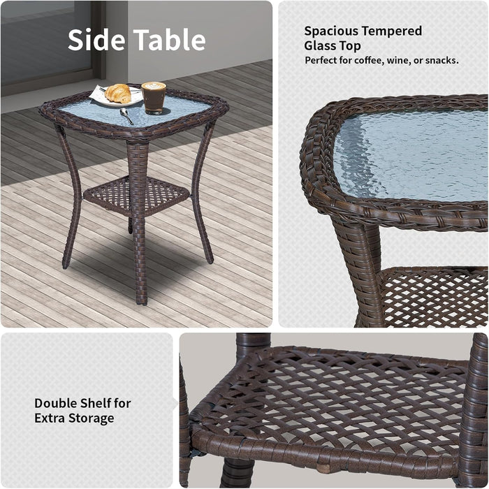 Patio Swivel Rocker Outdoor Chairs of 2 with Side Table, High Back and 6-Inch Thick Cushions, Wicker Swivel Glider Chairs for Porch, Deck, Poolside, Brown/Blue